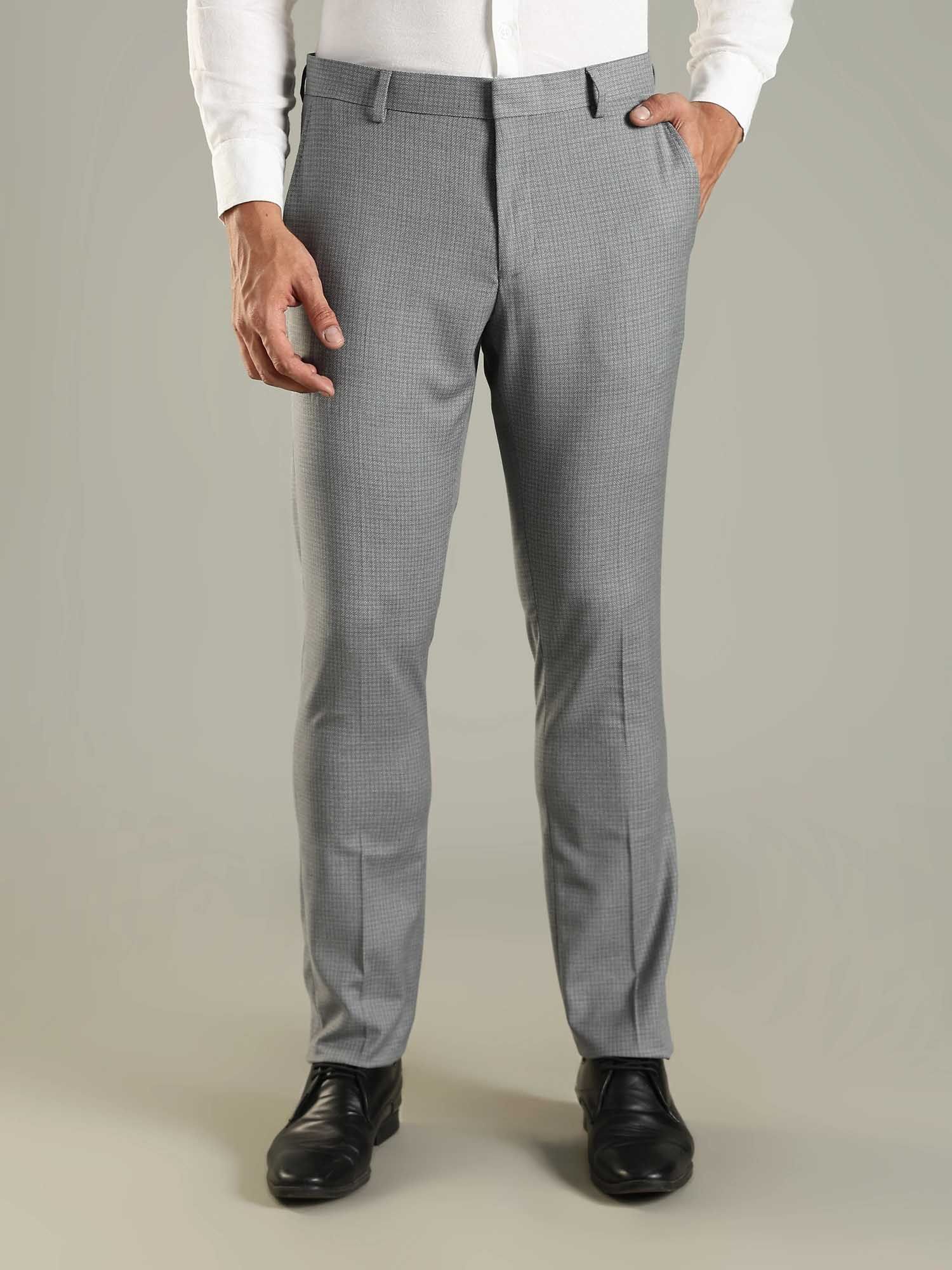 Tommy Hilfiger Grey Polyester Regular Fit Checks Straight Leg Trouser