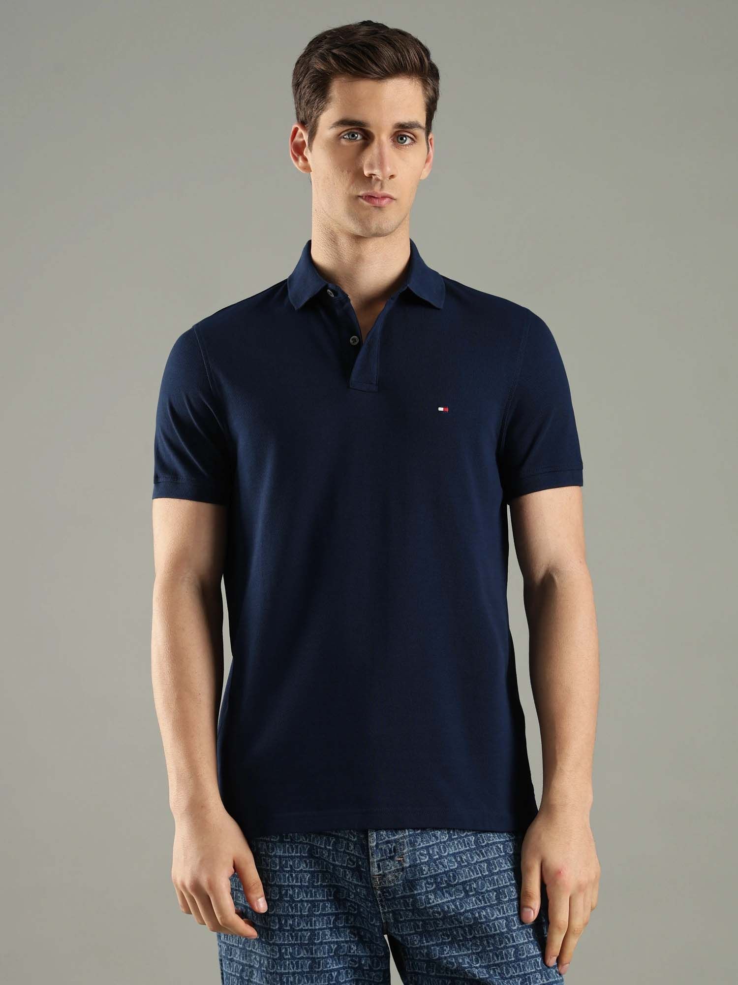 Tommy Hilfiger Navy Blue Cotton Half Sleeves Collar Neck Polo T-Shirt