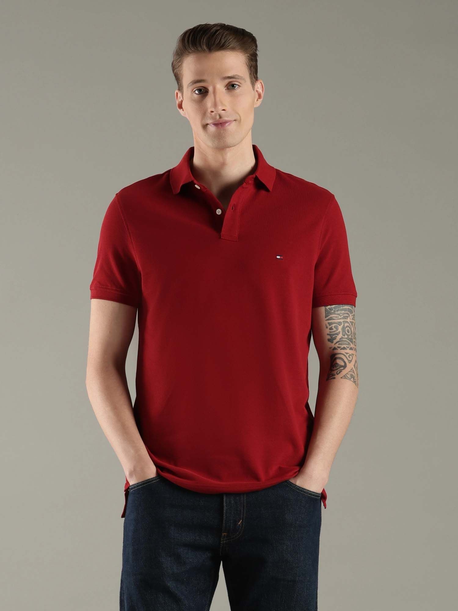 Tommy Hilfiger Red Cotton Half Sleeves Collar Neck Polo T-Shirt