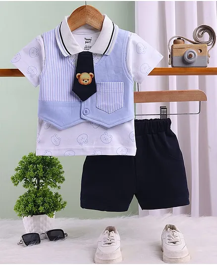 TOONYPORT Cotton Knit Half Sleeves Bear Printed Tee & Shorts Set With Attached Tie - Blue
