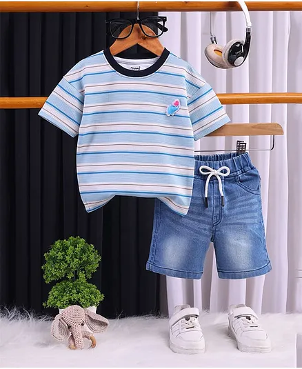 TOONYPORT Cotton Knit Half Sleeves Striped & Elephant Applique Detailed Oversized Tee & Shorts Set - Blue