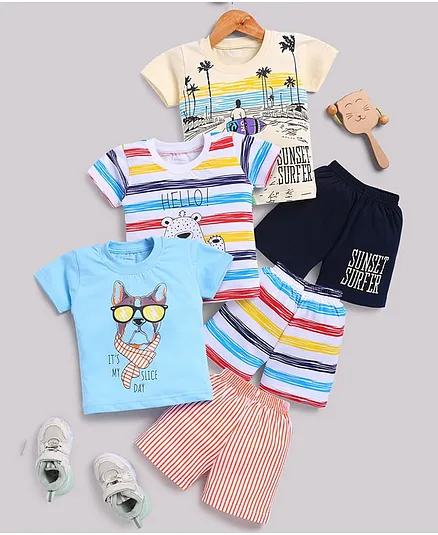 TOONYPORT Cotton Knit Pack Of 3 Half Sleeves Beach Theme Animal Printed & Striped Tee & Shorts Set - Blue Multi Colour Yellow