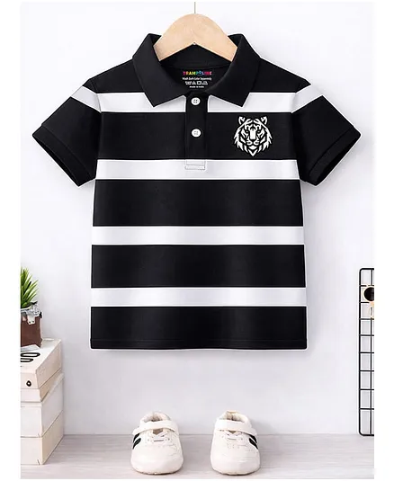 Trampoline Cotton Blend Knit Half Sleeves Striped & Tiger Printed Polo Tee - Black & White