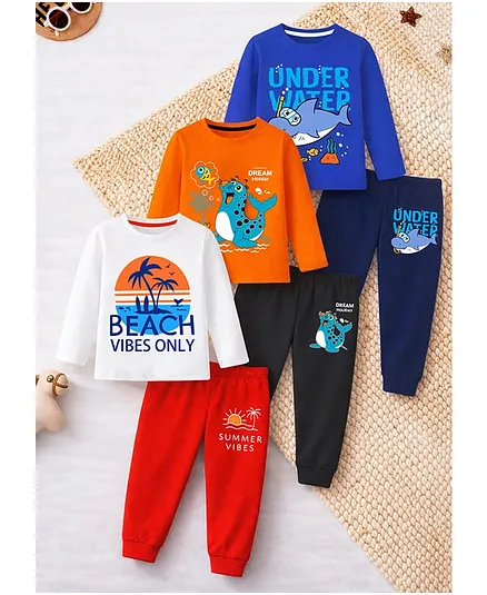 Trampoline Cotton Blend Knit Pack Of 3 Full Sleeves Beach Theme & See Life Printed Tee & Pants Set - Multi Colour