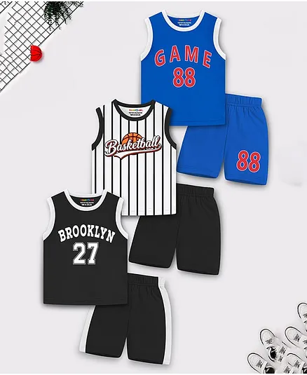 Trampoline Cotton Blend Knit Pack Of 3 Sleeveless Brooklyn & Basketball Text Printed Tee & Shorts Set - Blue/Black/White