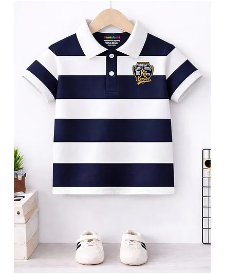 Trampoline Cotton Knit Rugby Striped & Sport Text Printed Polo Tee - Multi Colour