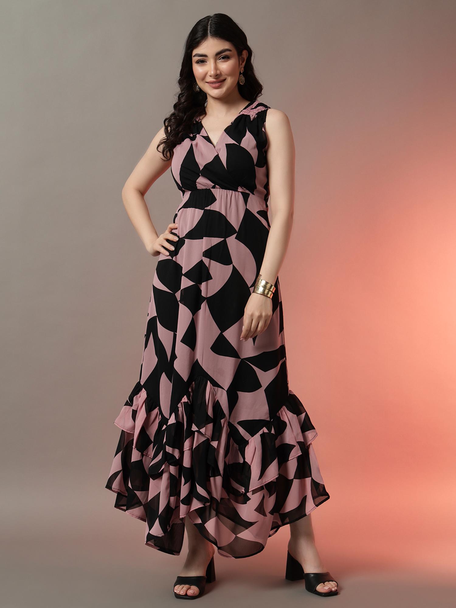 Trend Arrest Pink and Black Printed Sleeveless Maxi Dress