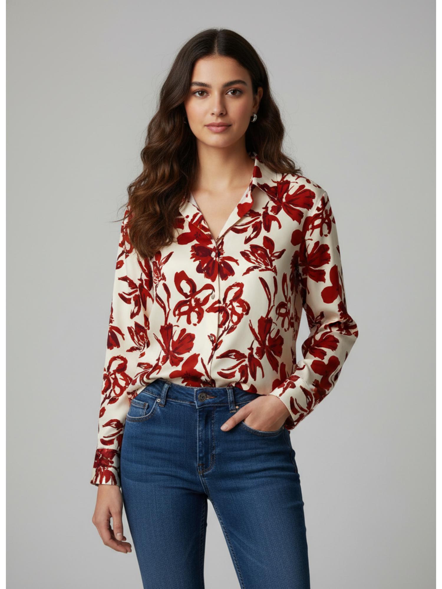 Twenty Dresses by Nykaa Fashion White & Maroon Satin Printed Bohemian Shirt