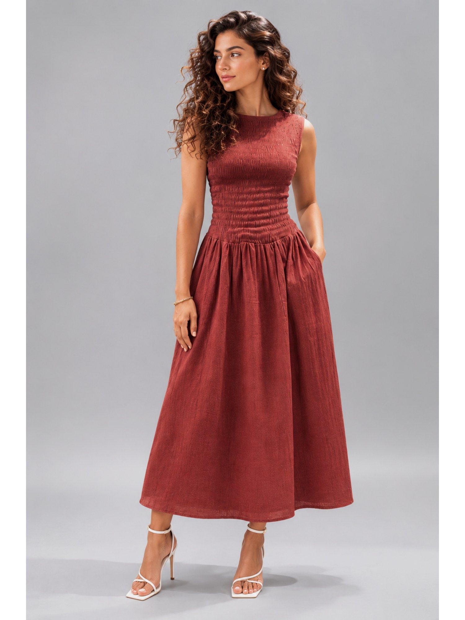Twenty Dresses by Nykaa Fashion Women Maroon Smocked Sleeveless Midi Dress
