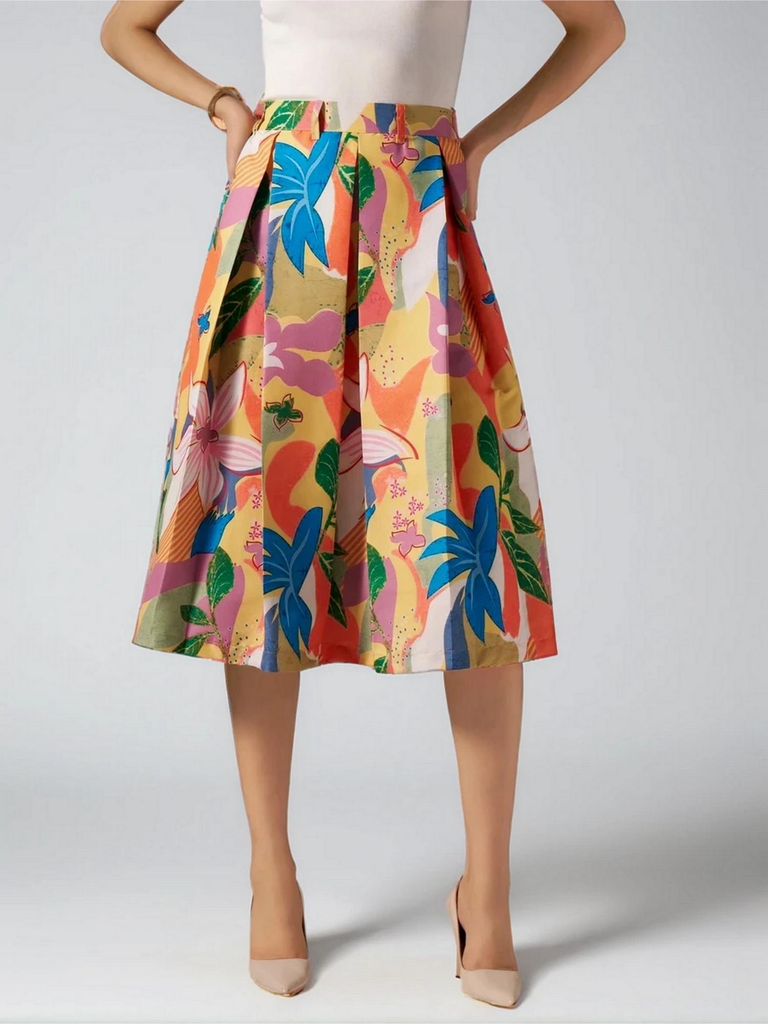 Twenty Dresses by Nykaa Fashion Womens Fine Floral Printed Multi-Color Pleated Belt Loop Midi Skirt