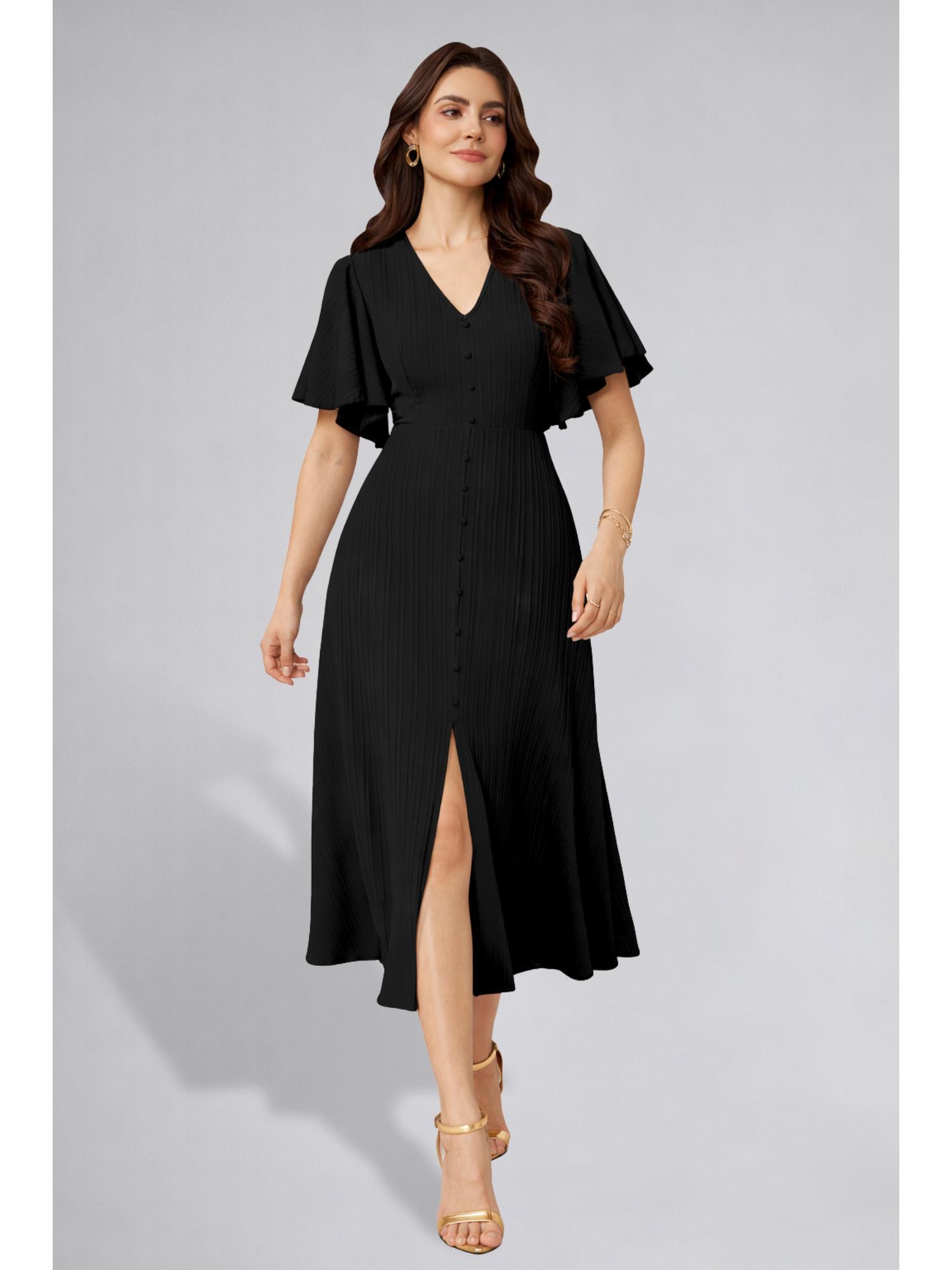 Twenty Dresses by Nykaa Fashion Womens Flutter Sleeves Black Pleated Midi Dress