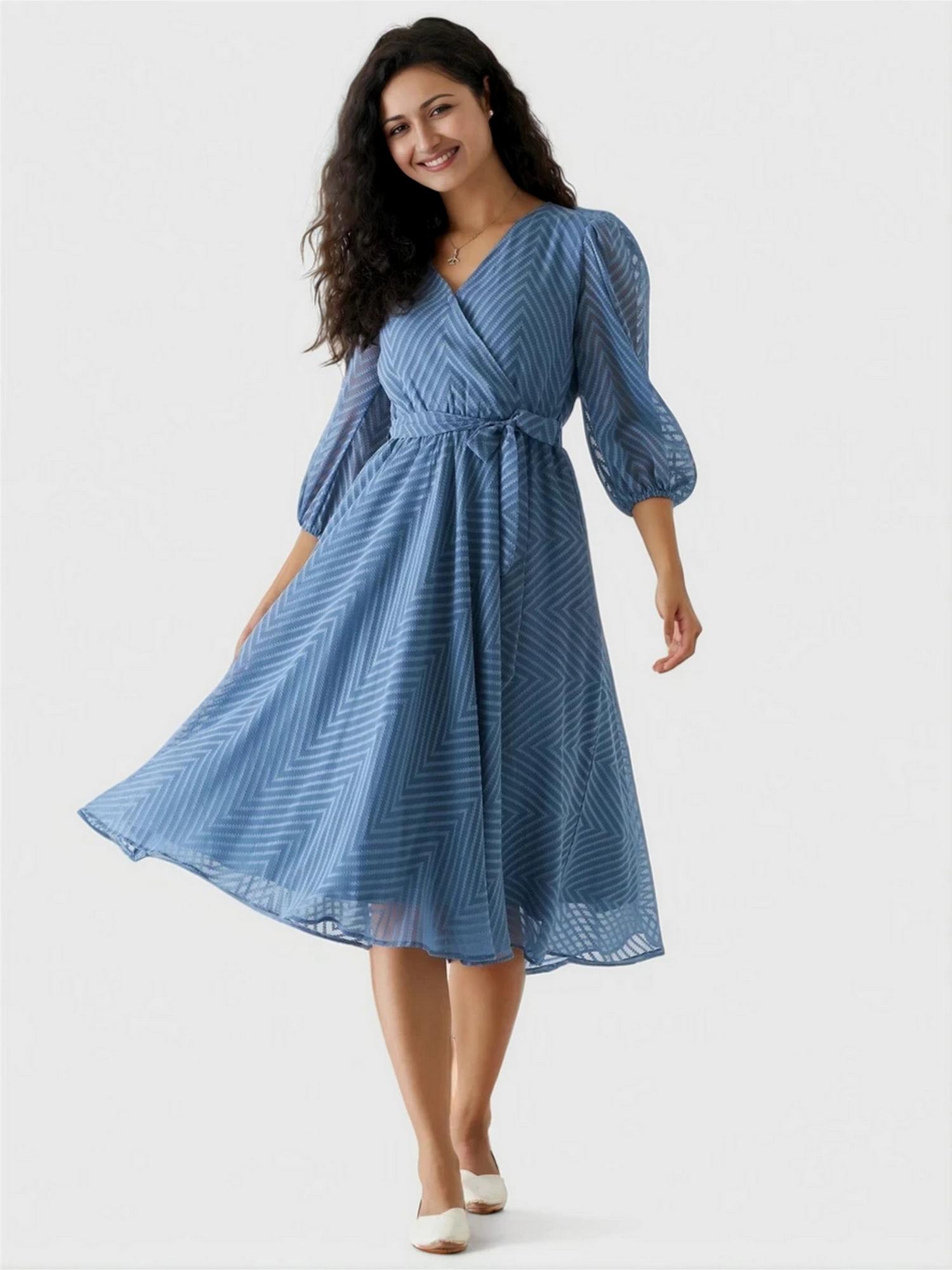 Twenty Dresses by Nykaa Fashion Womens Greyish Blue Self Design Calf Length Dress with Belt