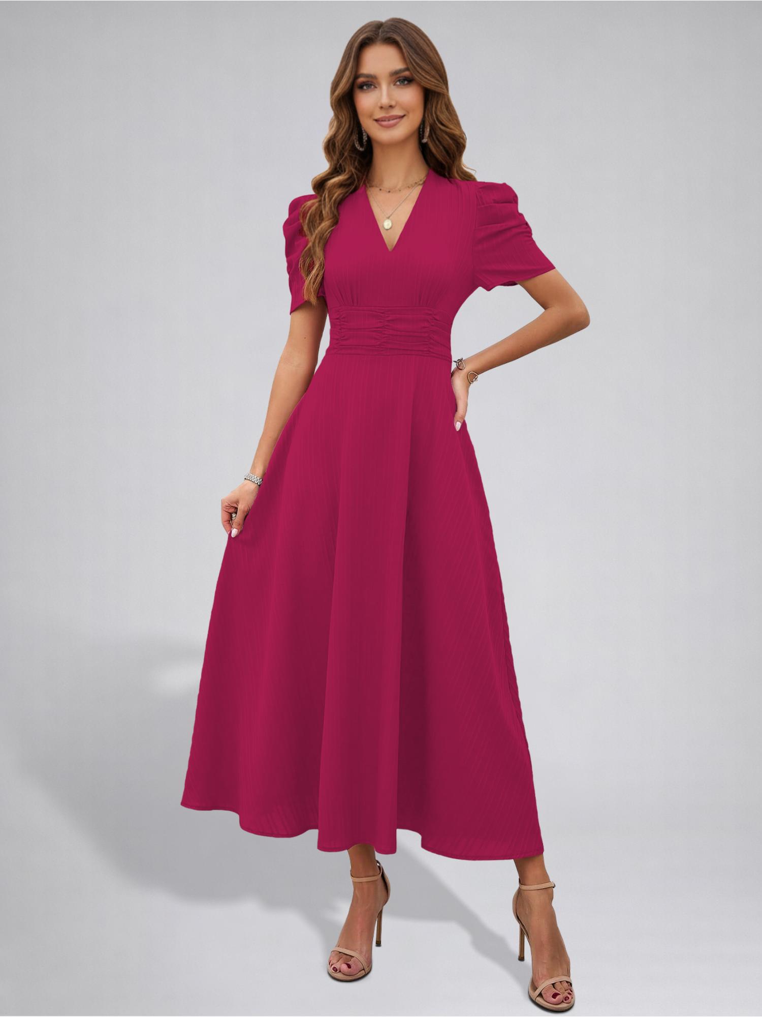 Twenty Dresses by Nykaa Fashion Womens Puff Sleeve Hot Pink Solid V-Neck A-Line Midi Dress