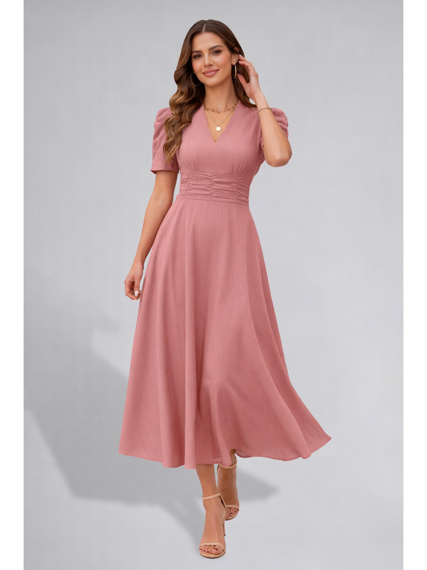 Twenty Dresses by Nykaa Fashion Womens Puff Sleeve Peach Solid V-Neck A-Line Midi Dress