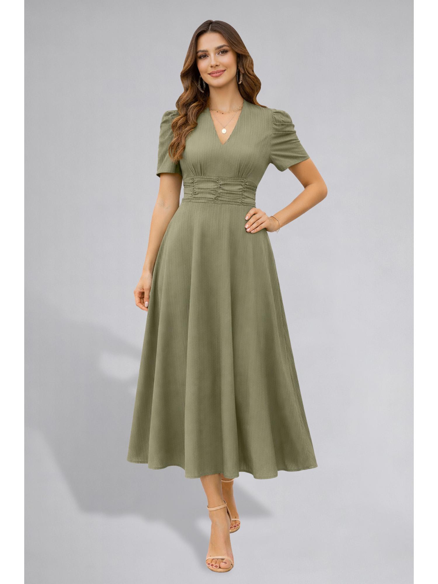 Twenty Dresses by Nykaa Fashion Womens Puff Sleeve Pista Solid V-Neck A-Line Midi Dress