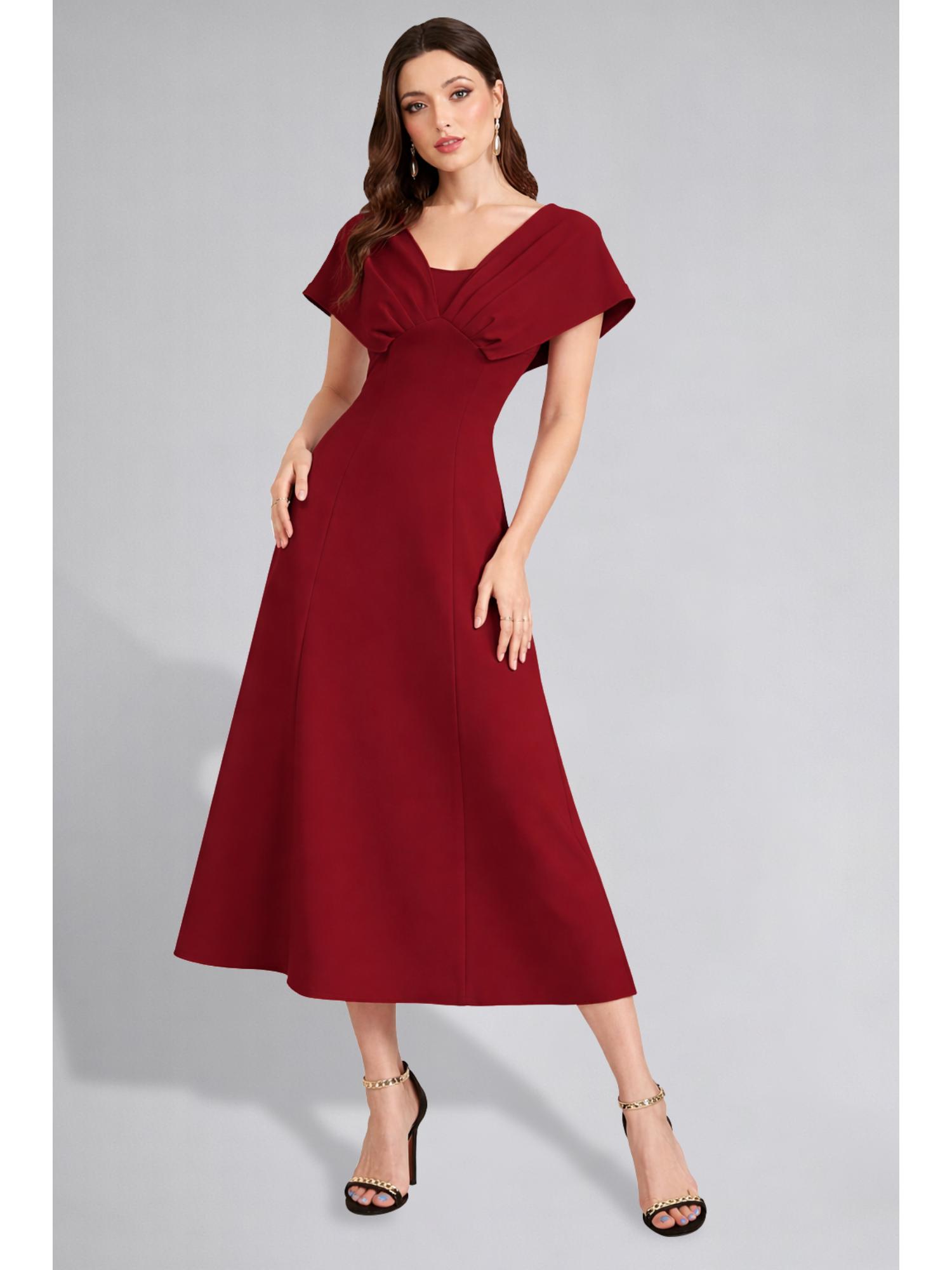 Twenty Dresses by Nykaa Fashion Womens V-Neck Pleated Bodice Maroon Solid A-Line Maxi Dress