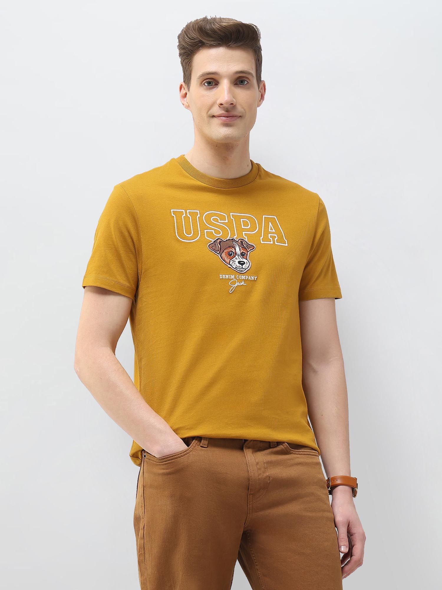 U.S. Polo Assn. Denim Co. Mustard Graphic Brand Embroidered Motel On The Coast T-Shirt