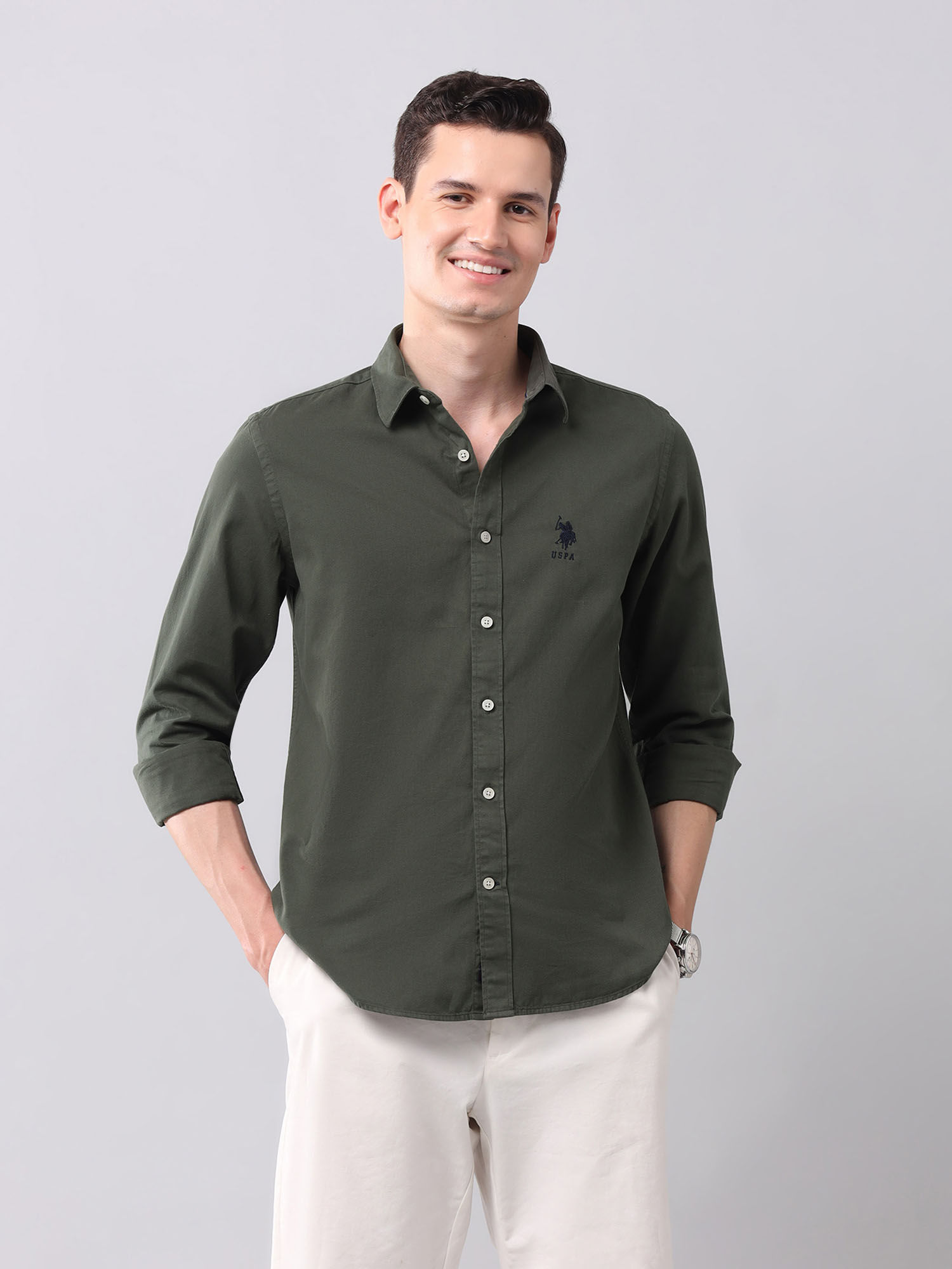 U.S. Polo Assn. Denim Co. Solid Green Full Sleeves Collar Neck Shirt