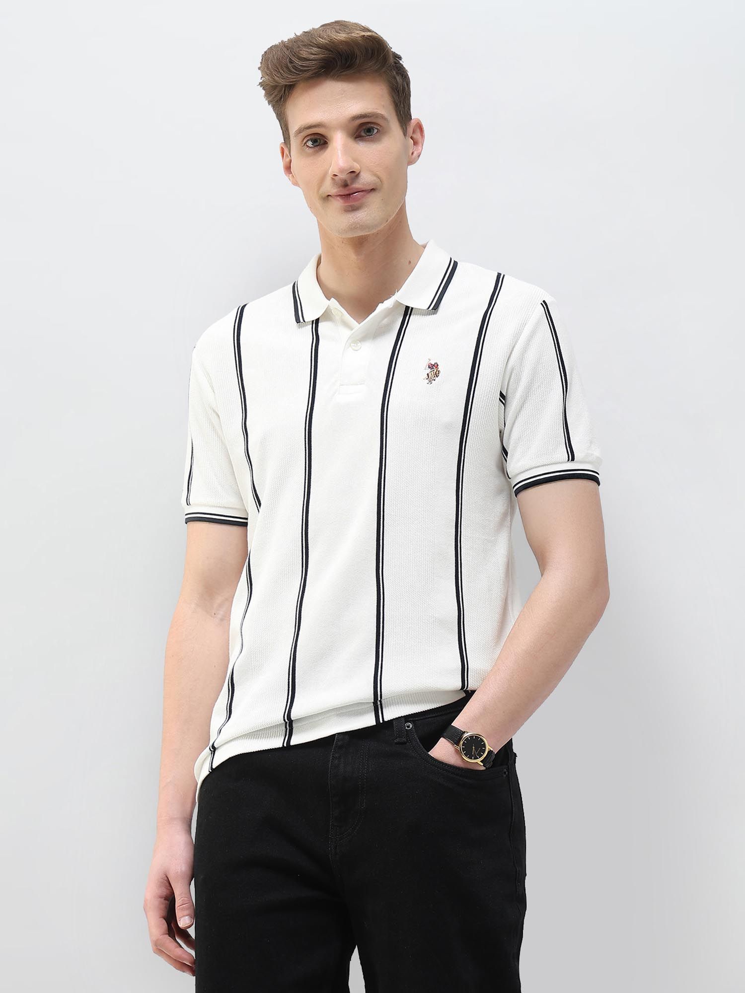U.S. Polo Assn. Denim Co. White Vertical Striped Motel On The Coast Polo T-Shirt