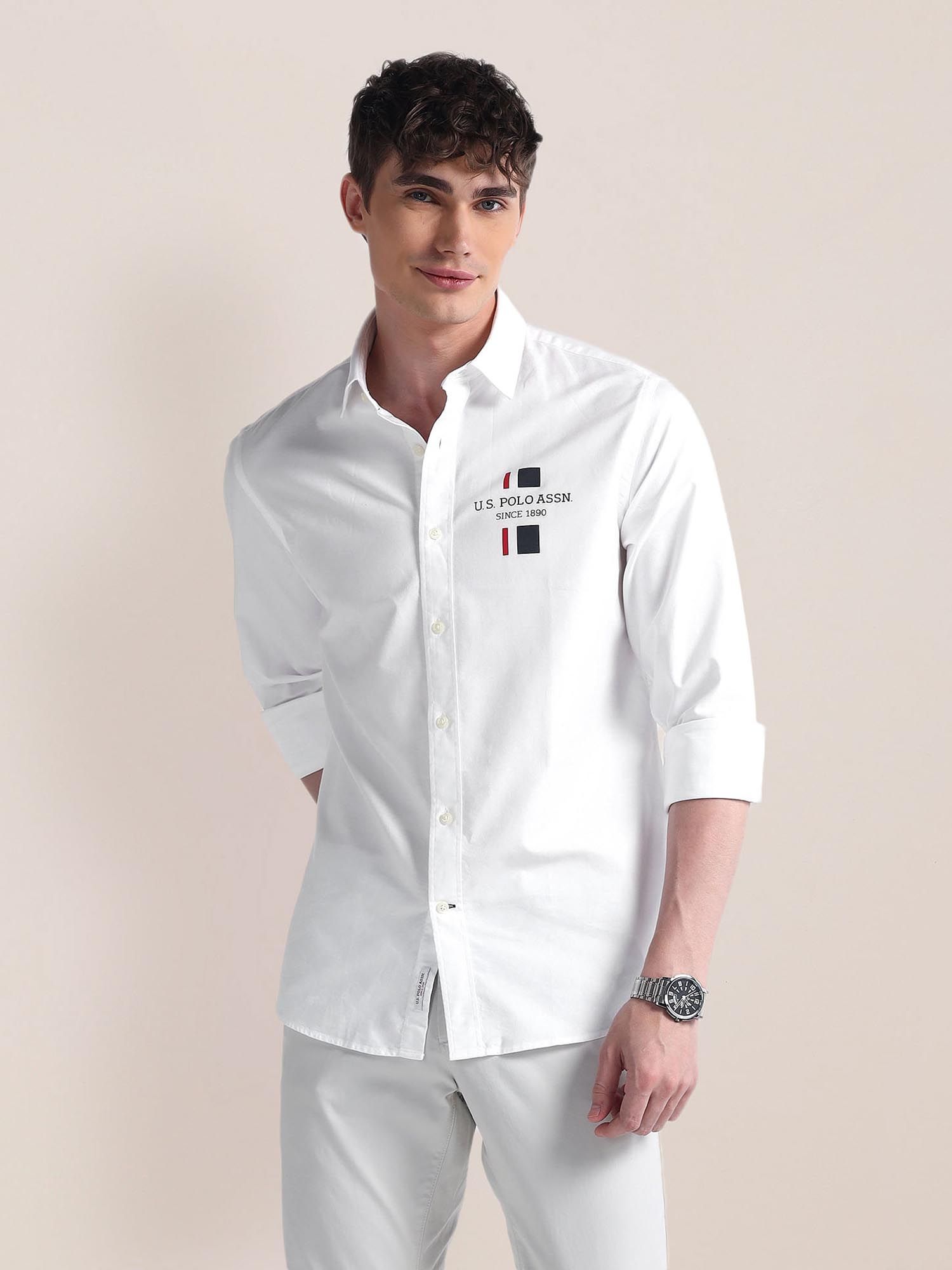 U.S. POLO ASSN. Long Sleeve Solid Brand White Casual Shirt