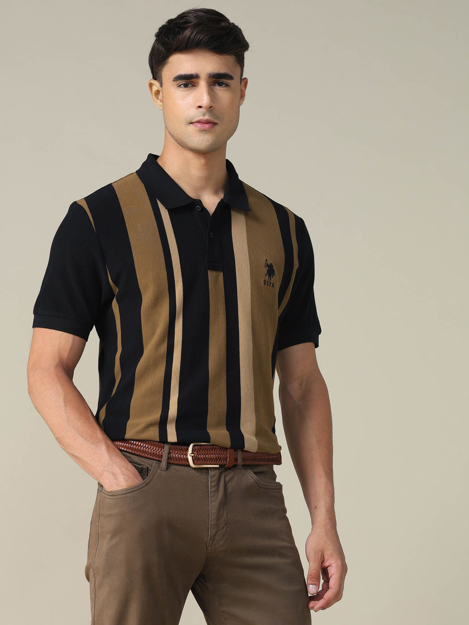 U.S. POLO ASSN. Men Black Striped Regular Fit Polo T-Shirt