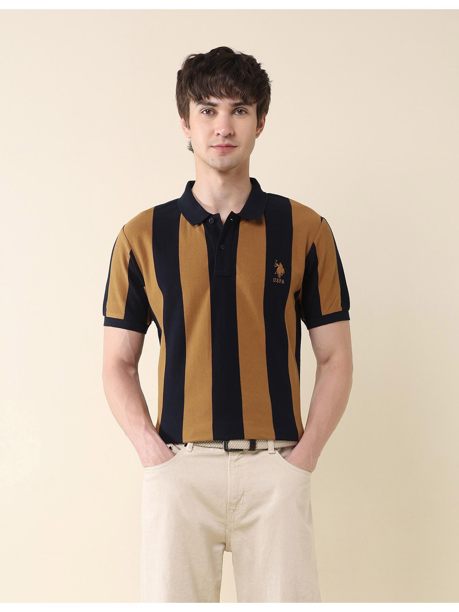 U.S. POLO ASSN. Mens Brown Vertical Stripes Pure Cotton Gold Cup Polo T-Shirt