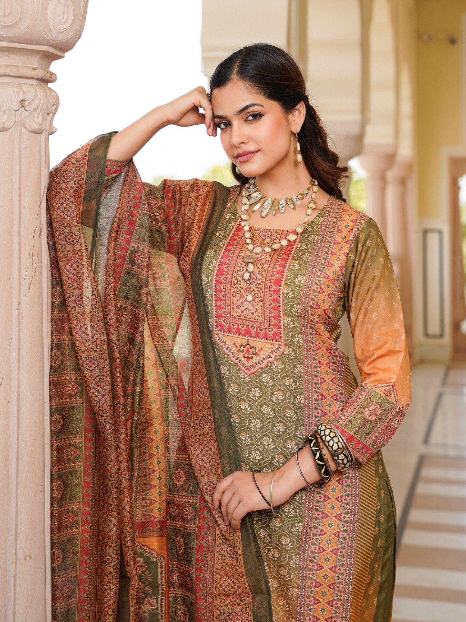 Vaamsi Women Olive Printed Kurta with Pant and Dupatta (Set of 3)