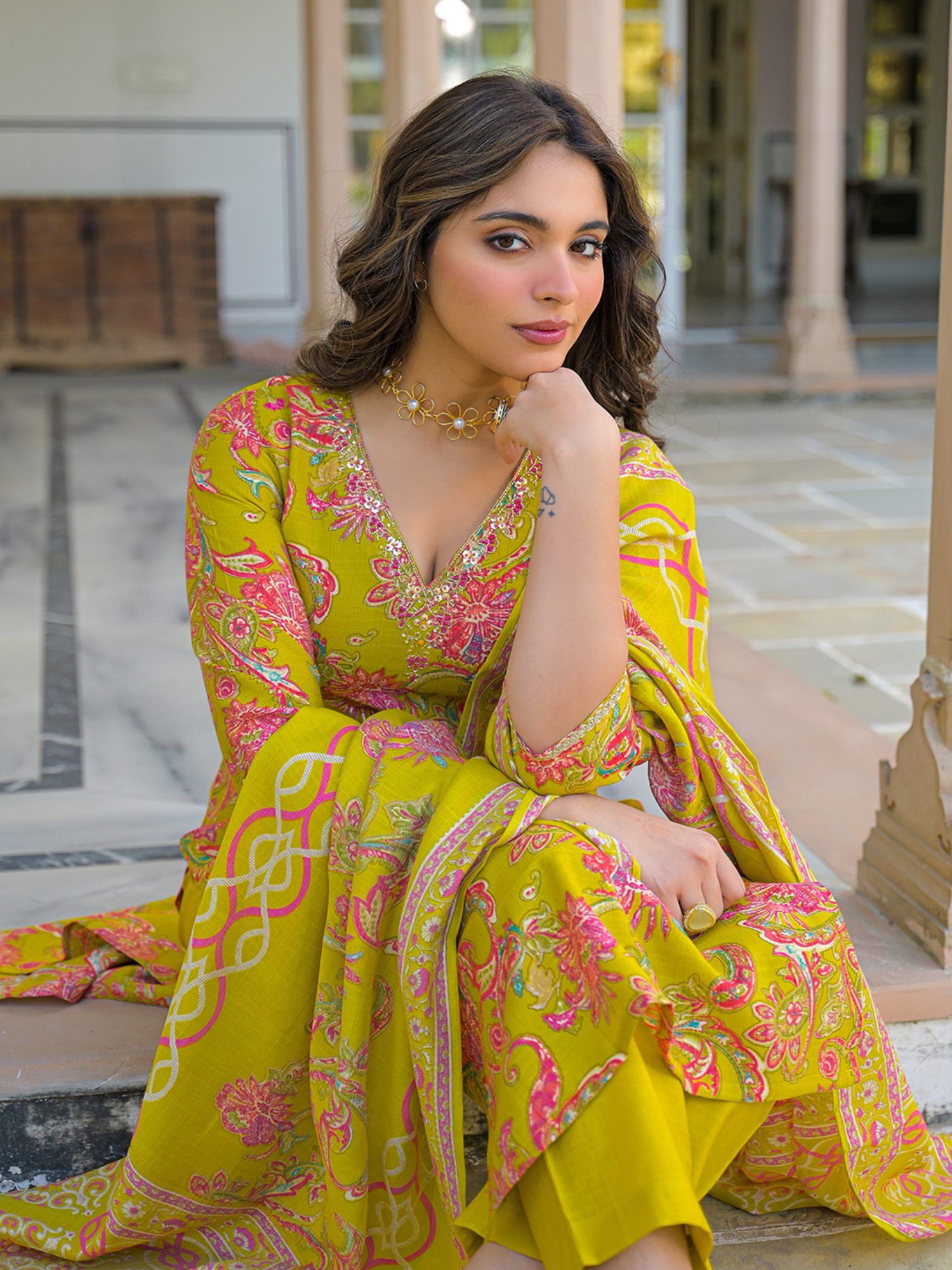 Vaamsi Women Yellow Viscose Rayon Embroidered Straight Kurta With Pant & Dupatta