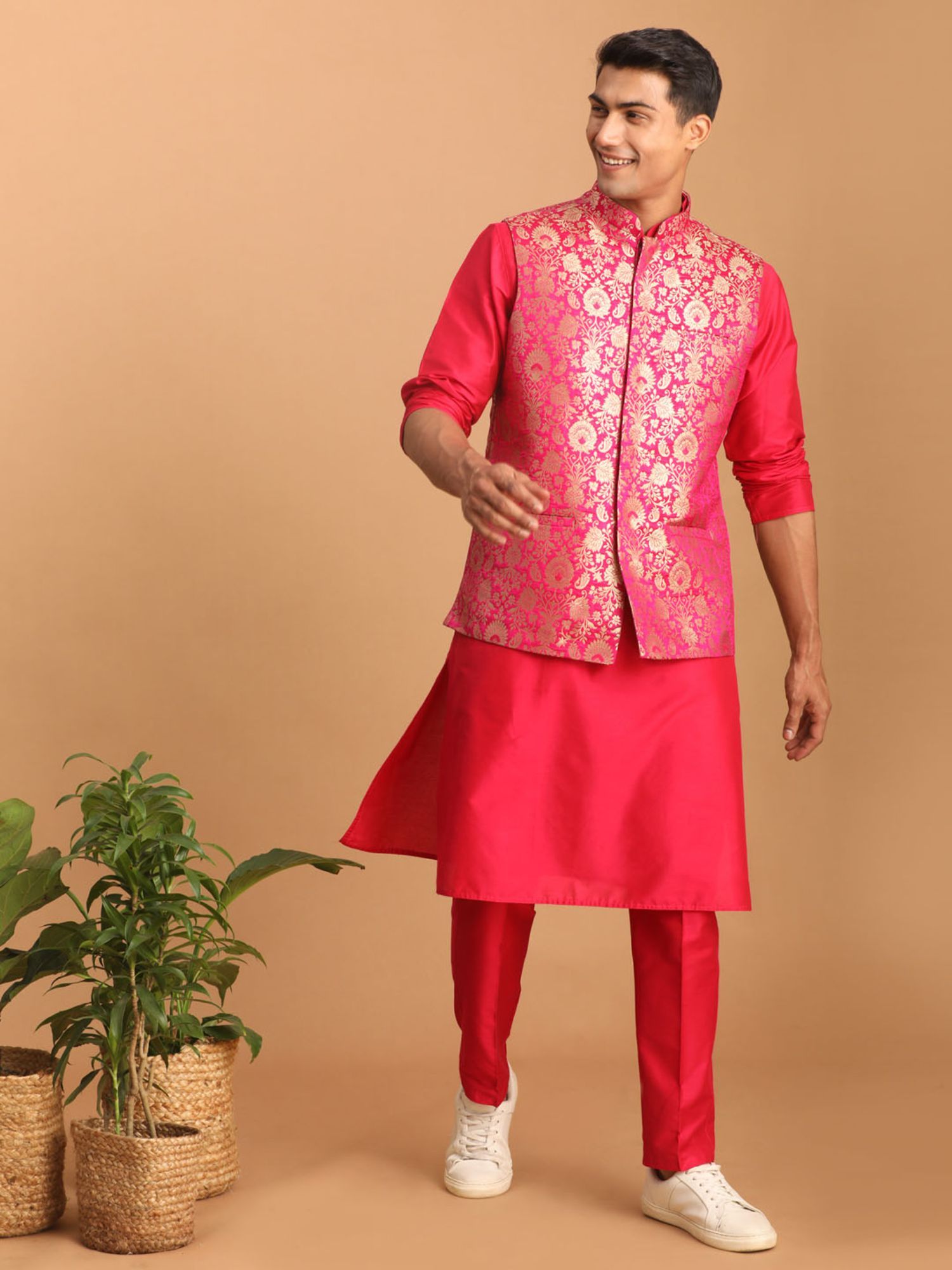 Vastramay Mens Pink Viscose Jacket Kurta and Pyjama (Set of 3)