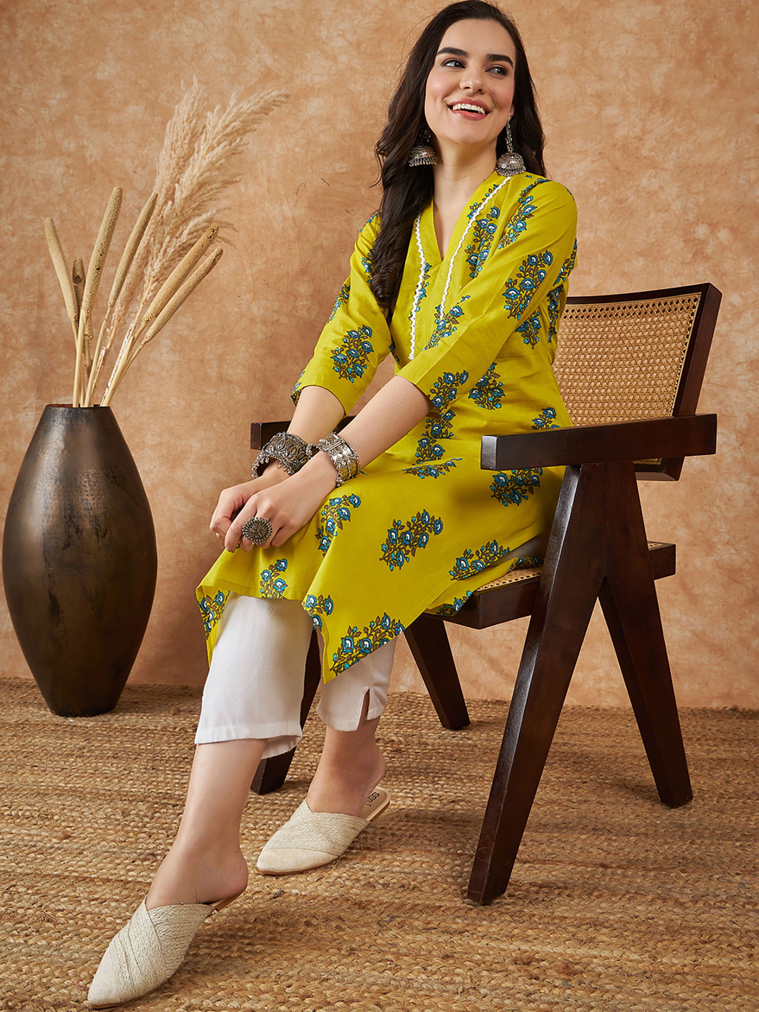 Vastramyaa Women Mustard Floral Cotton Kurta