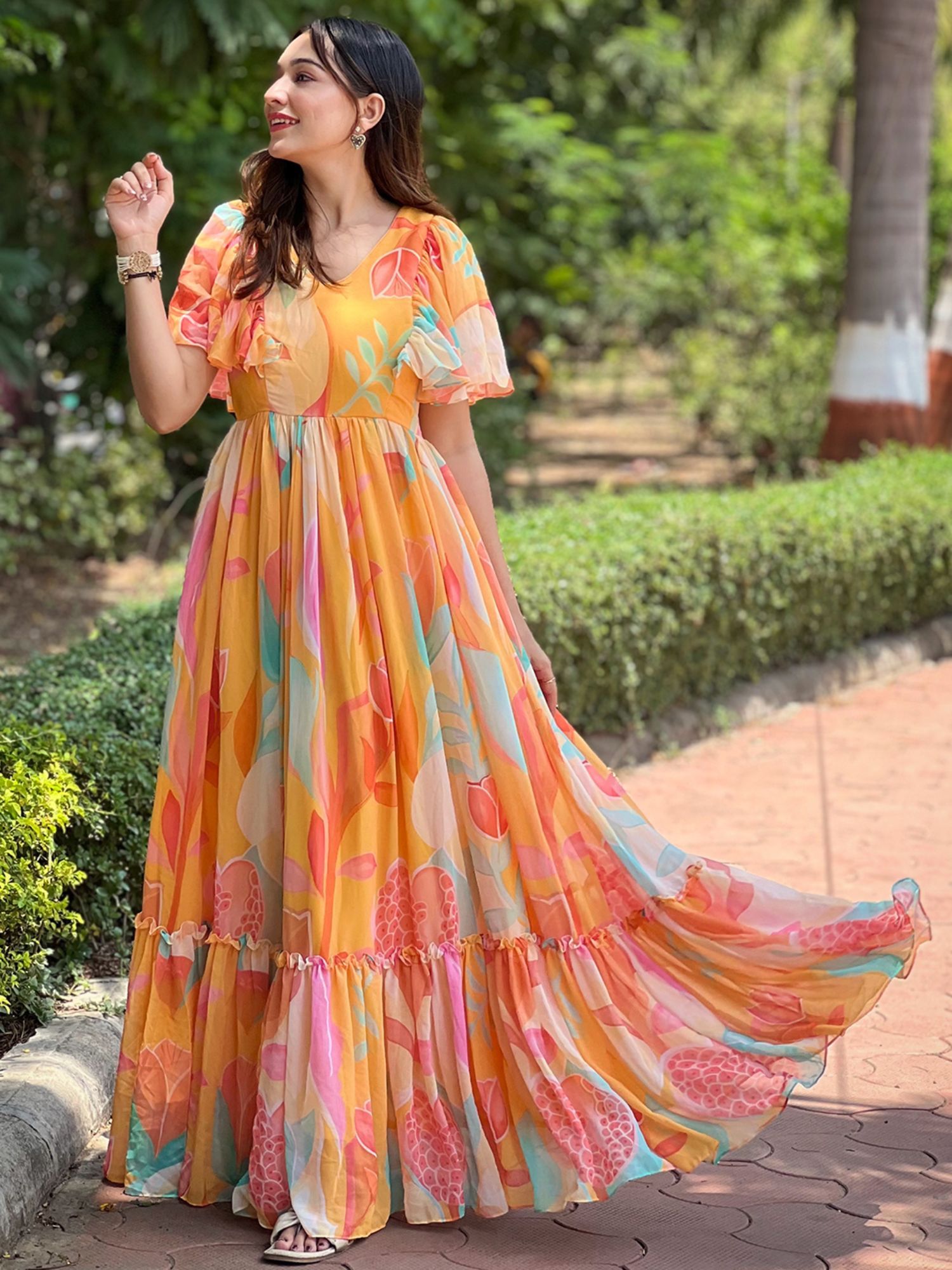 Vastranand Carnival Orange V-Neck Dress