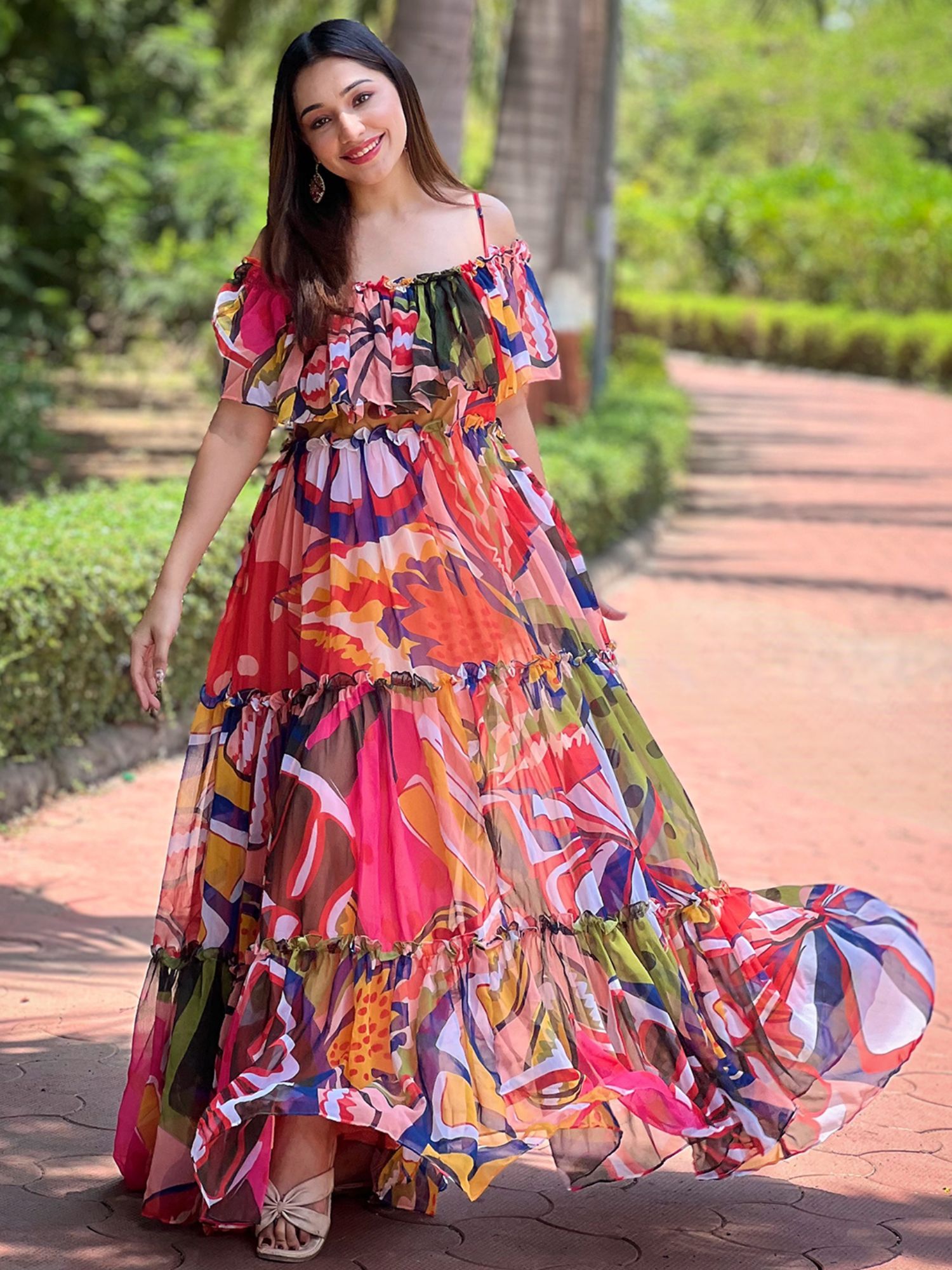Vastranand Tropical Printed Off-Shoulder Maxi Dress