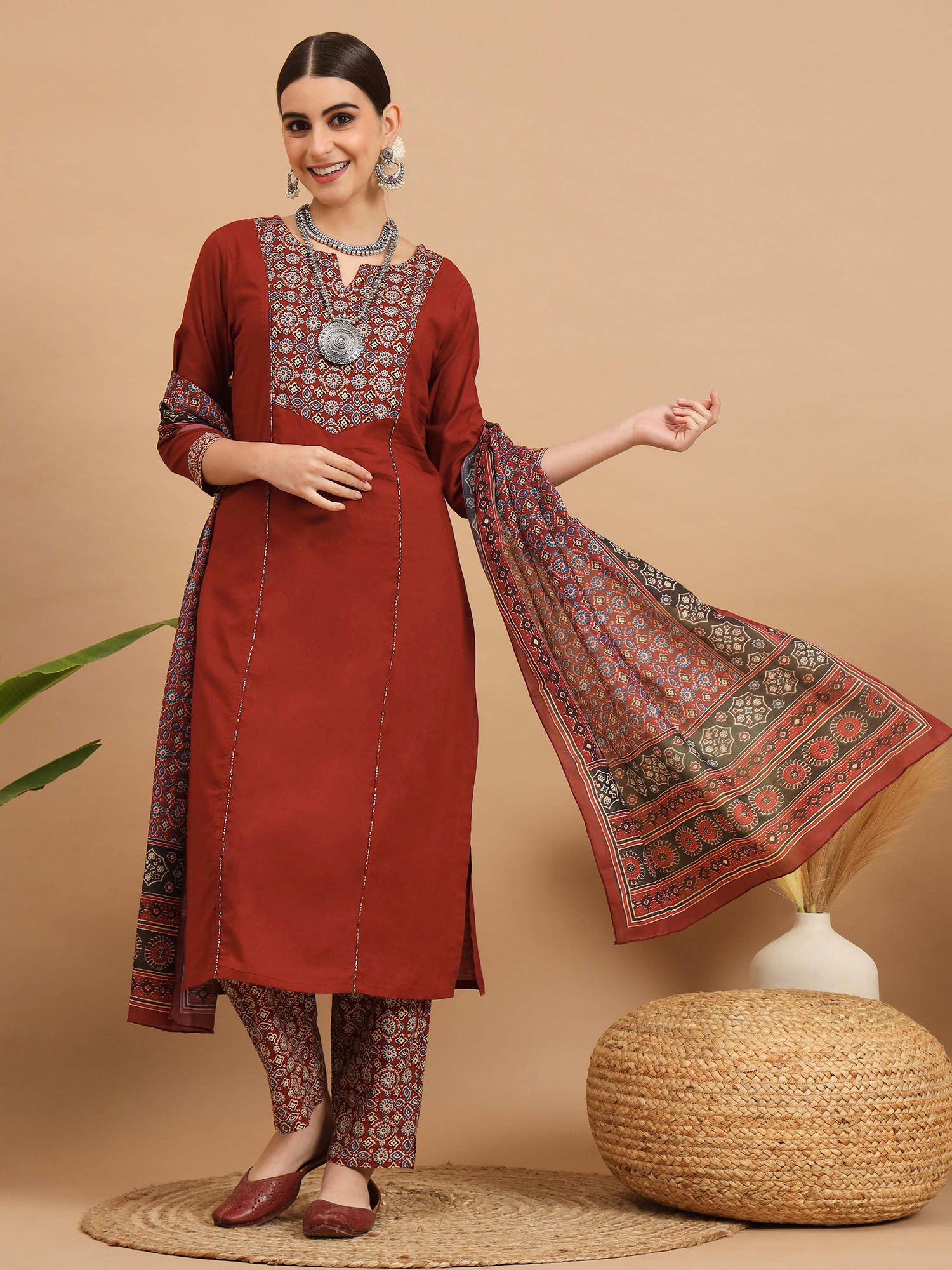Vbuyz Women Floral Print Cotton Maroon Stitched Kurta Pant With Dupatta (Set of 3)