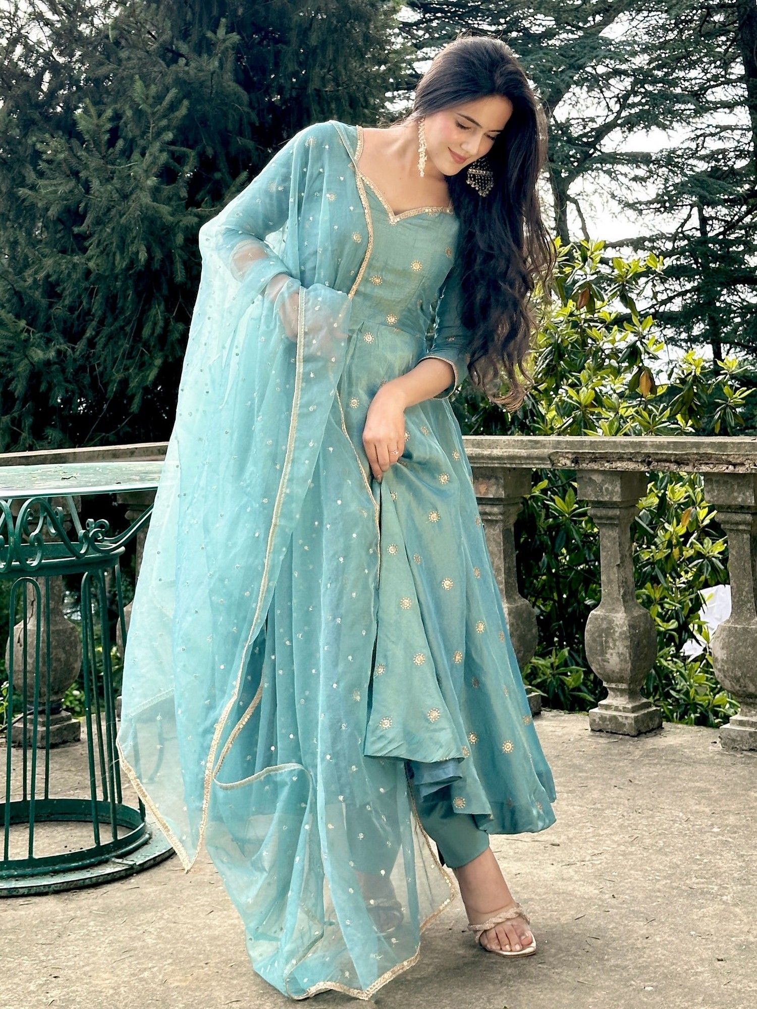 Wedani Blue Embroidered Anarkali and Pant with Net Dupatta