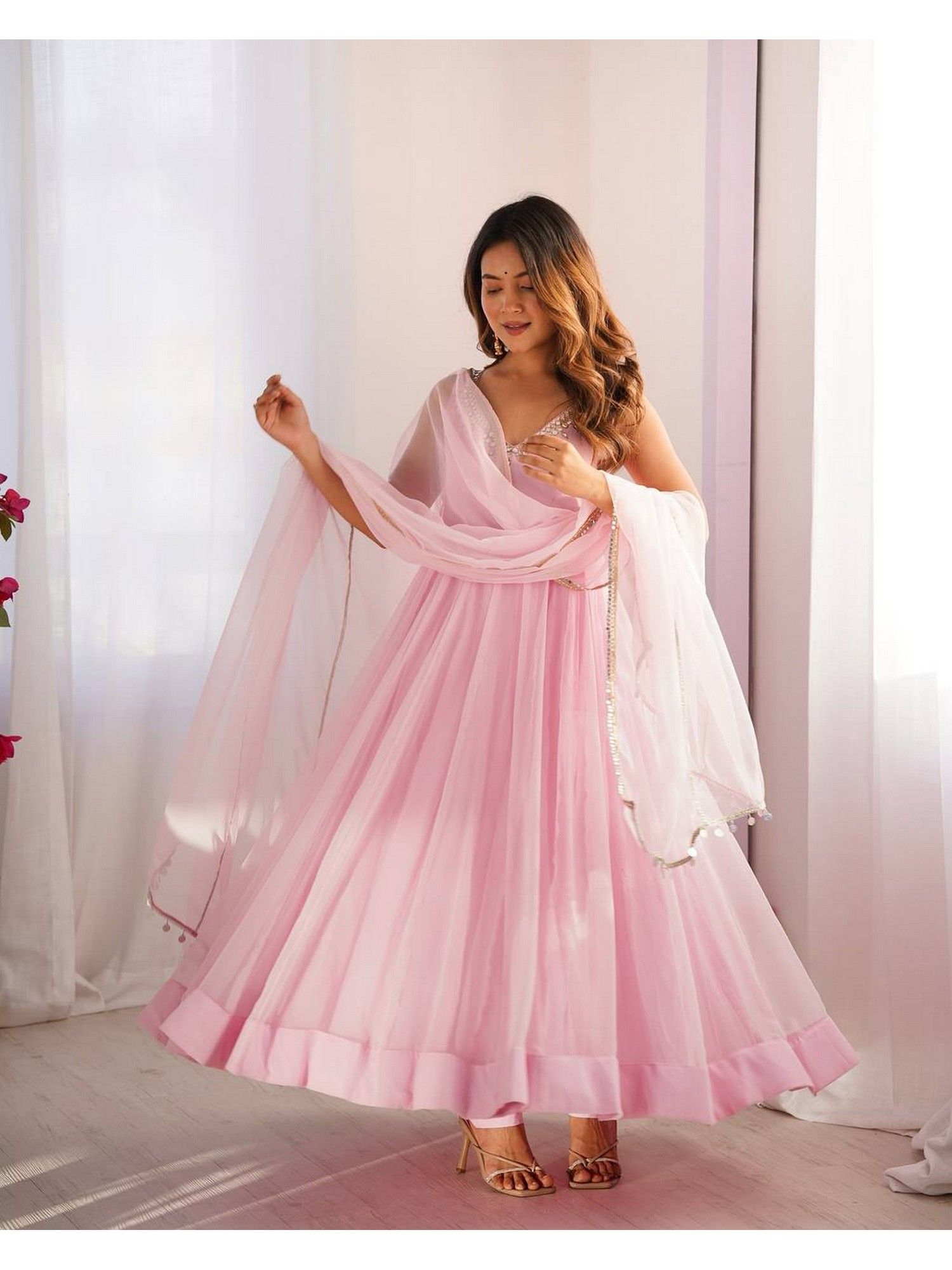 Wedani Pastel Pink Embroidered Flared Anarkali and Pant with Sheer Dupatta