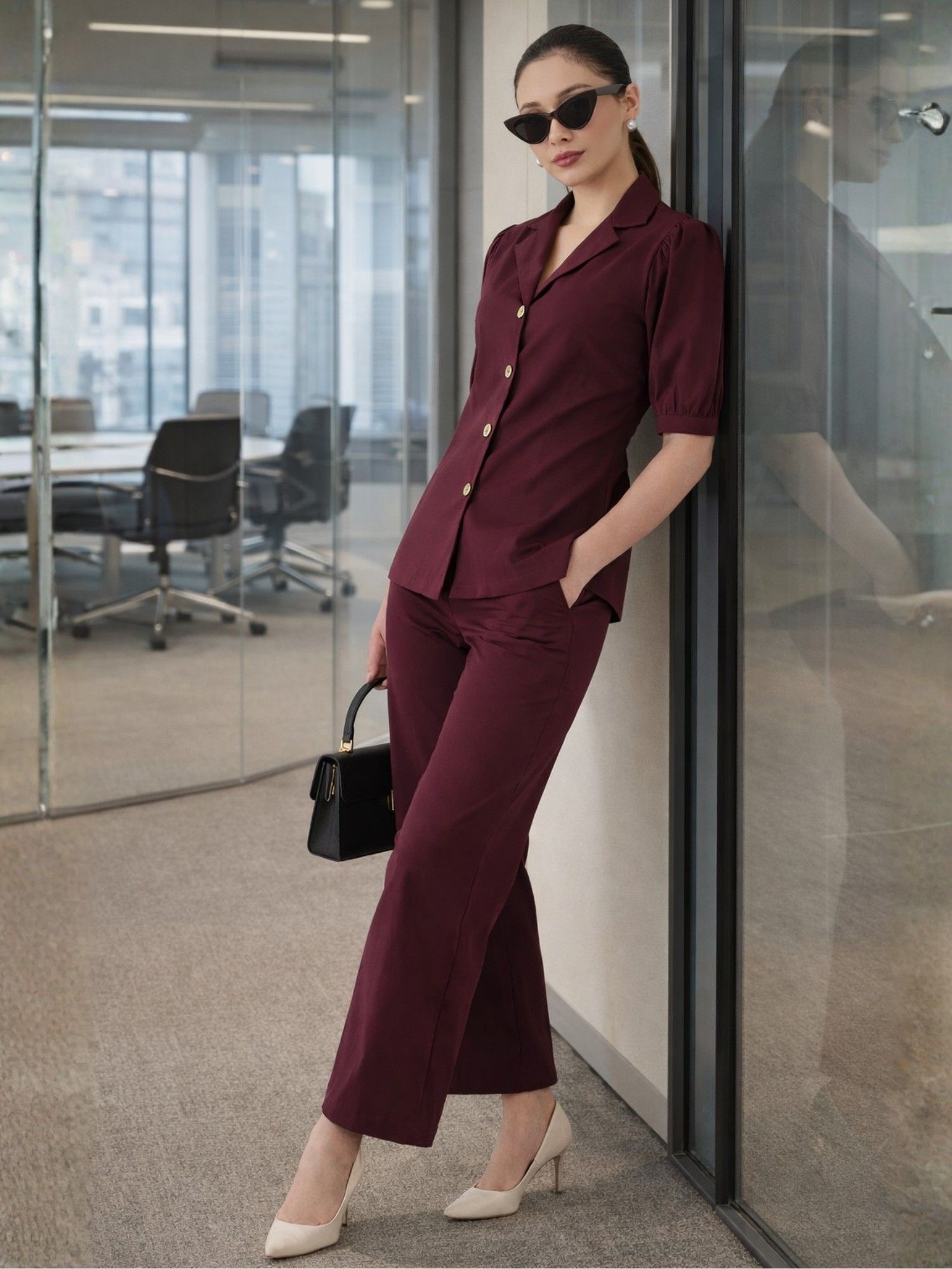 WineRed Burgundy Puff Sleeves Co-Ord Set