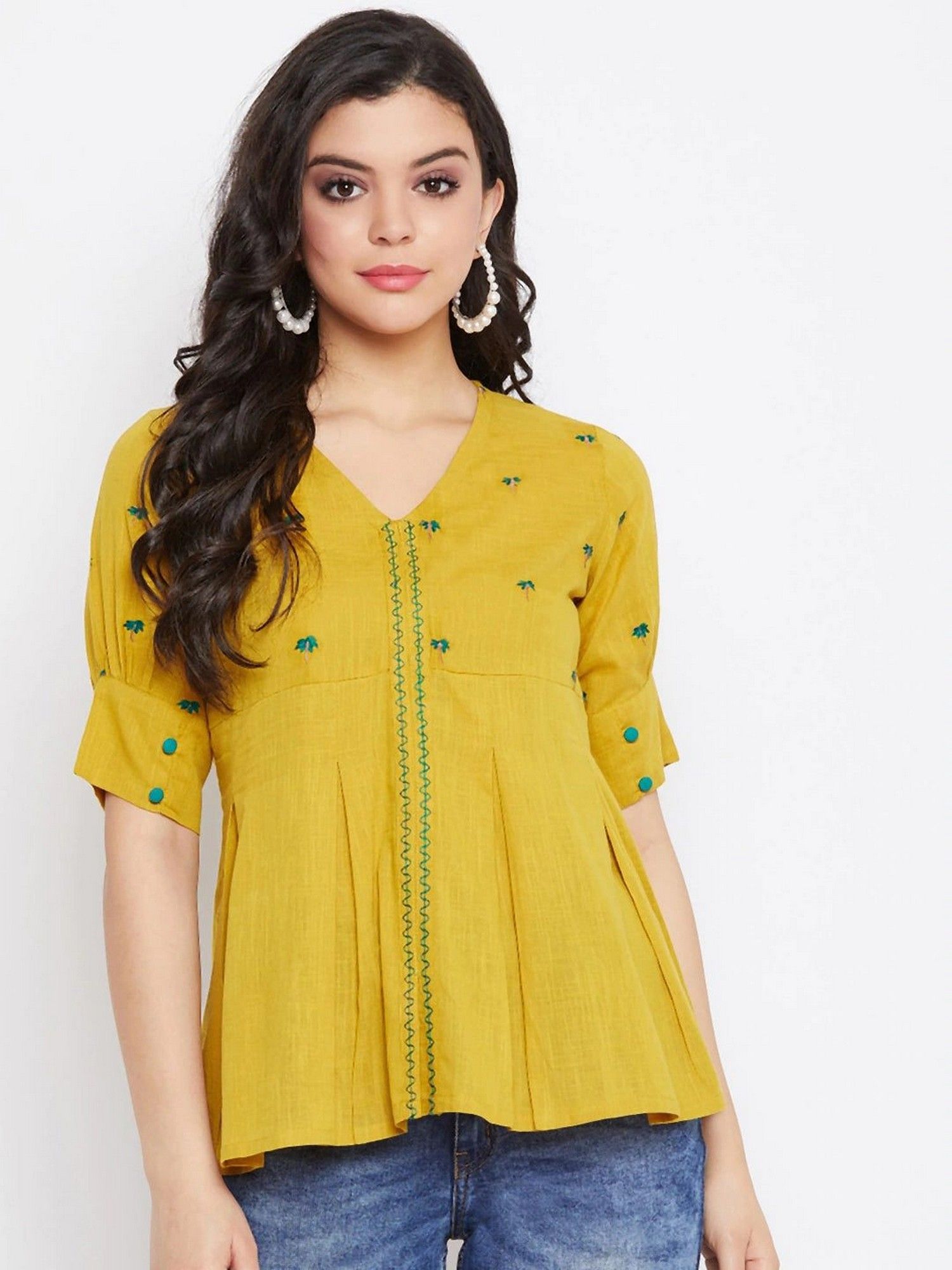 WineRed Mustard Women Embroidered Box Pleated Top