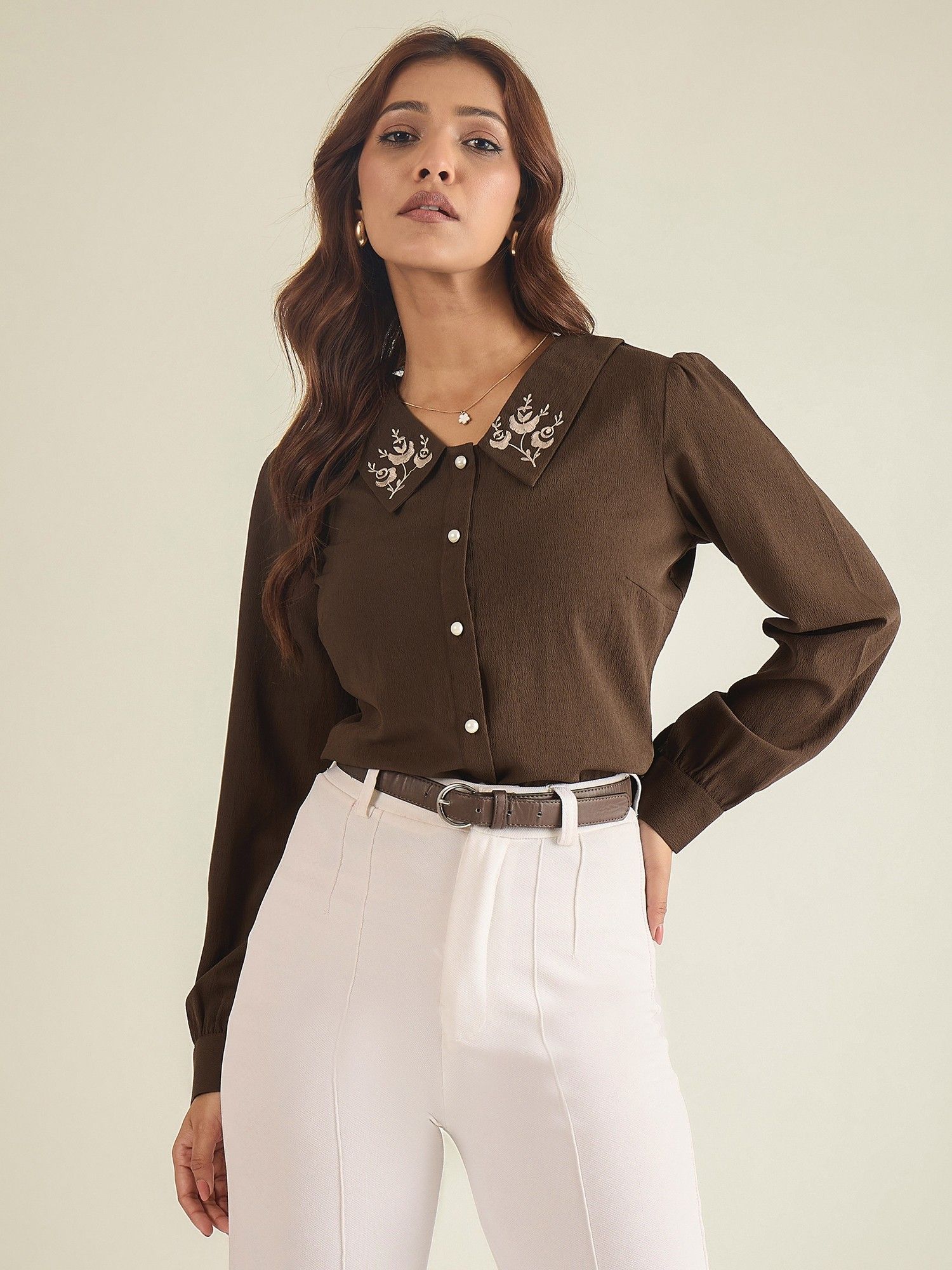 WineRed Women Brown Collared Contrast Embroidery Shirt