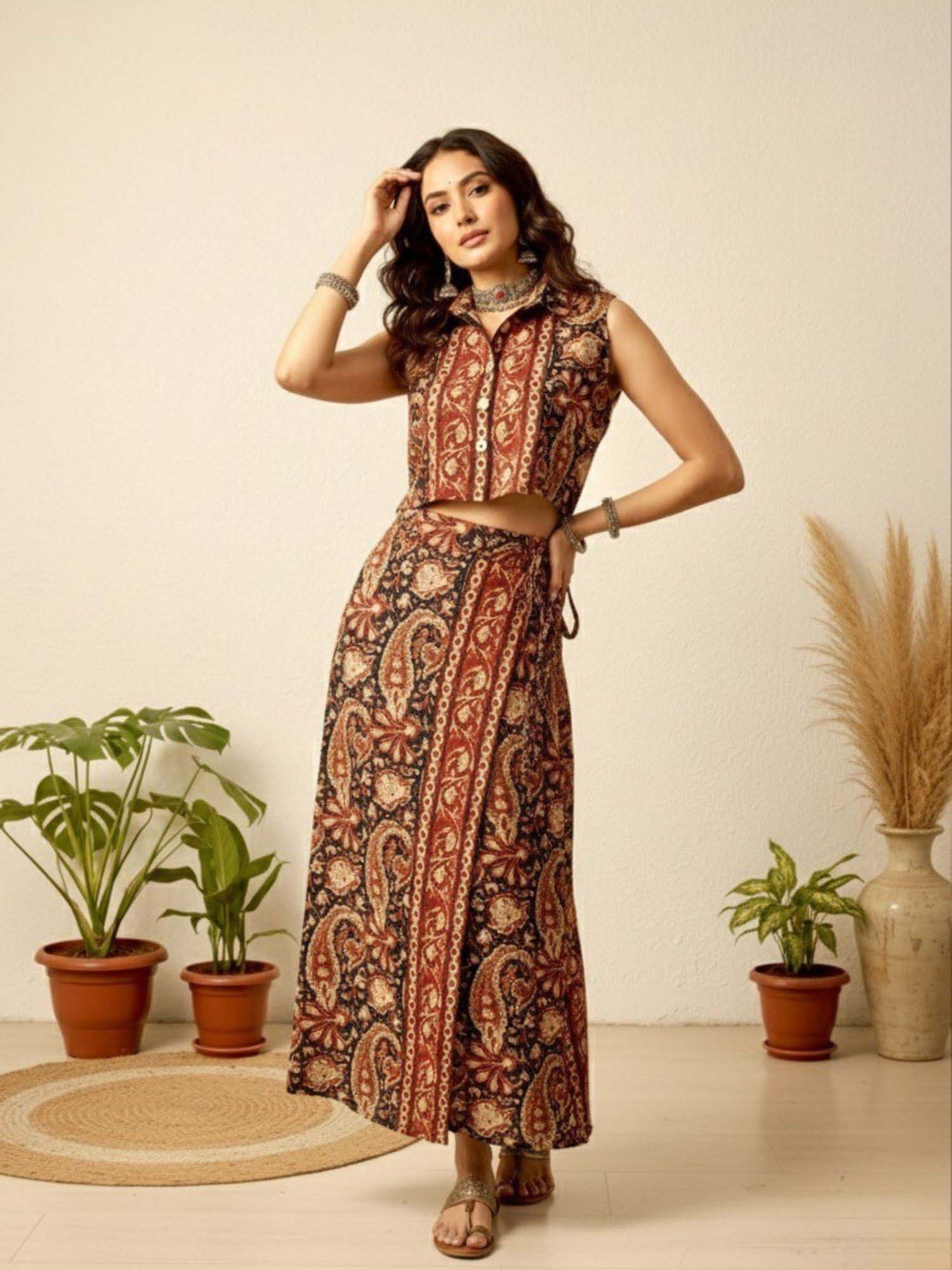 WineRed Womens Ethnic Printed Sleeveless Crop Shirt and Tie-Up Wrap Skirt Set