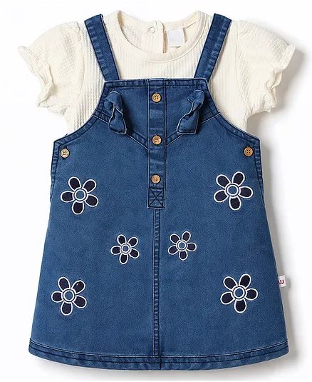 WOW Clothes Cotton Denim Woven Floral Embroidered Pinafore Style Frock with Half Sleeves T-Shirt - White & Blue