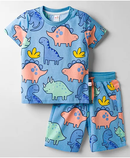 WOW Clothes Sinker Knit Half Sleeves Co-ords T-Shirt and Shorts Set With Dino Print - Light Blue