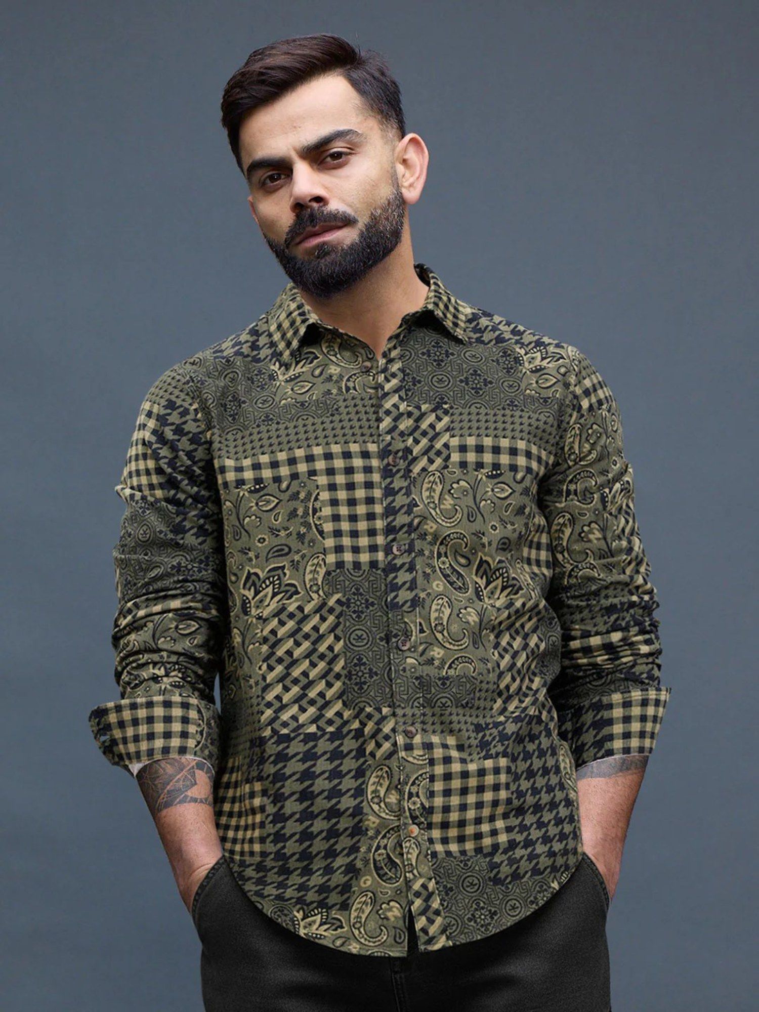 WROGN Olive Printed Collar Neck Casual Shirt