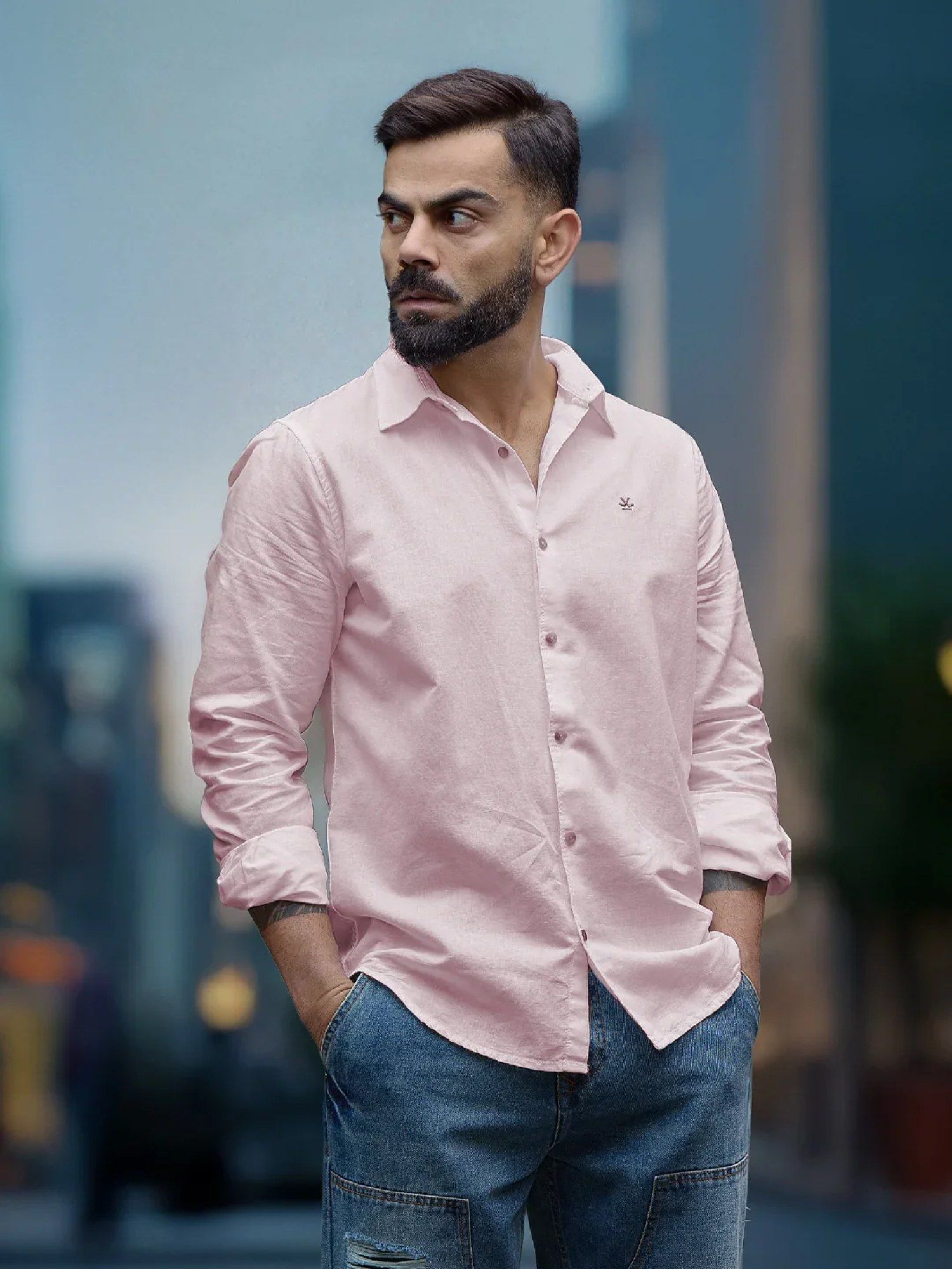 WROGN Pink Solid/Plain Collar Neck Casual Shirt