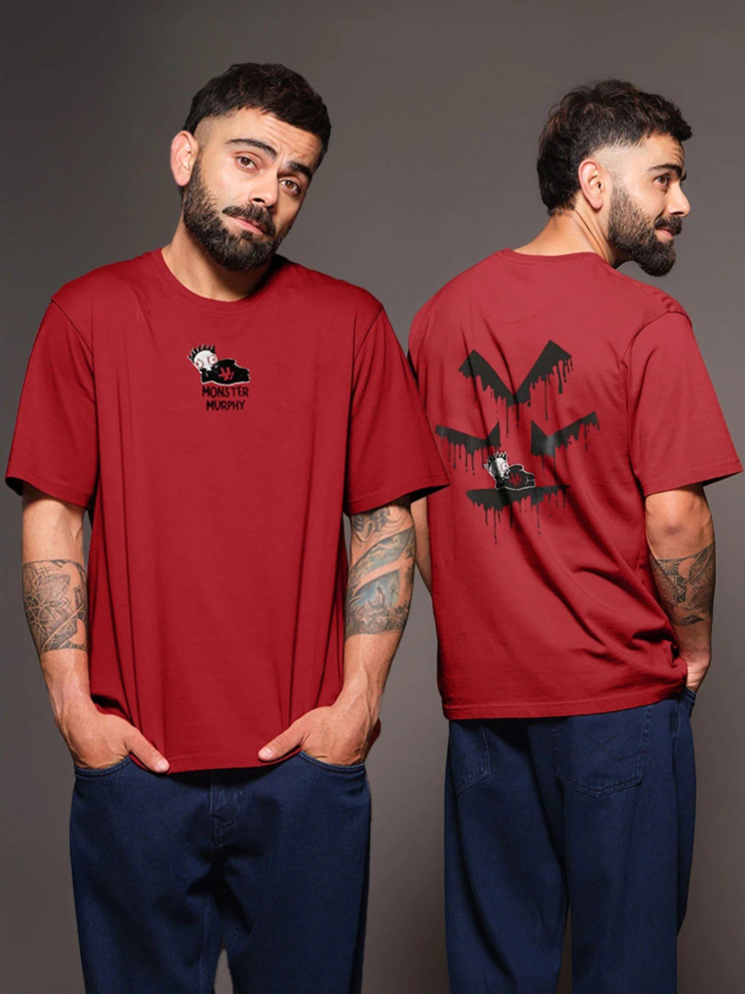 WROGN Red Printed Crew Neck Oversized T-Shirt