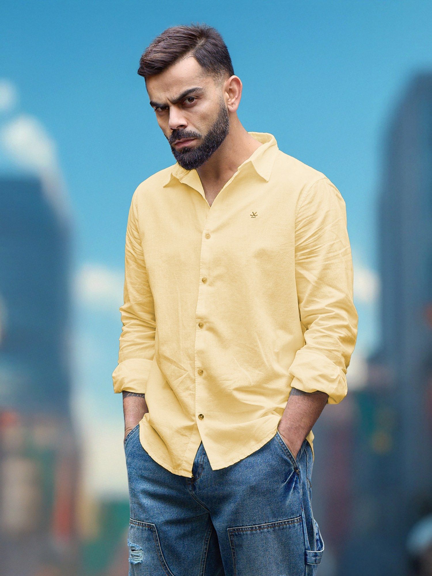 WROGN Yellow Solid/Plain Collar Neck Casual Shirt