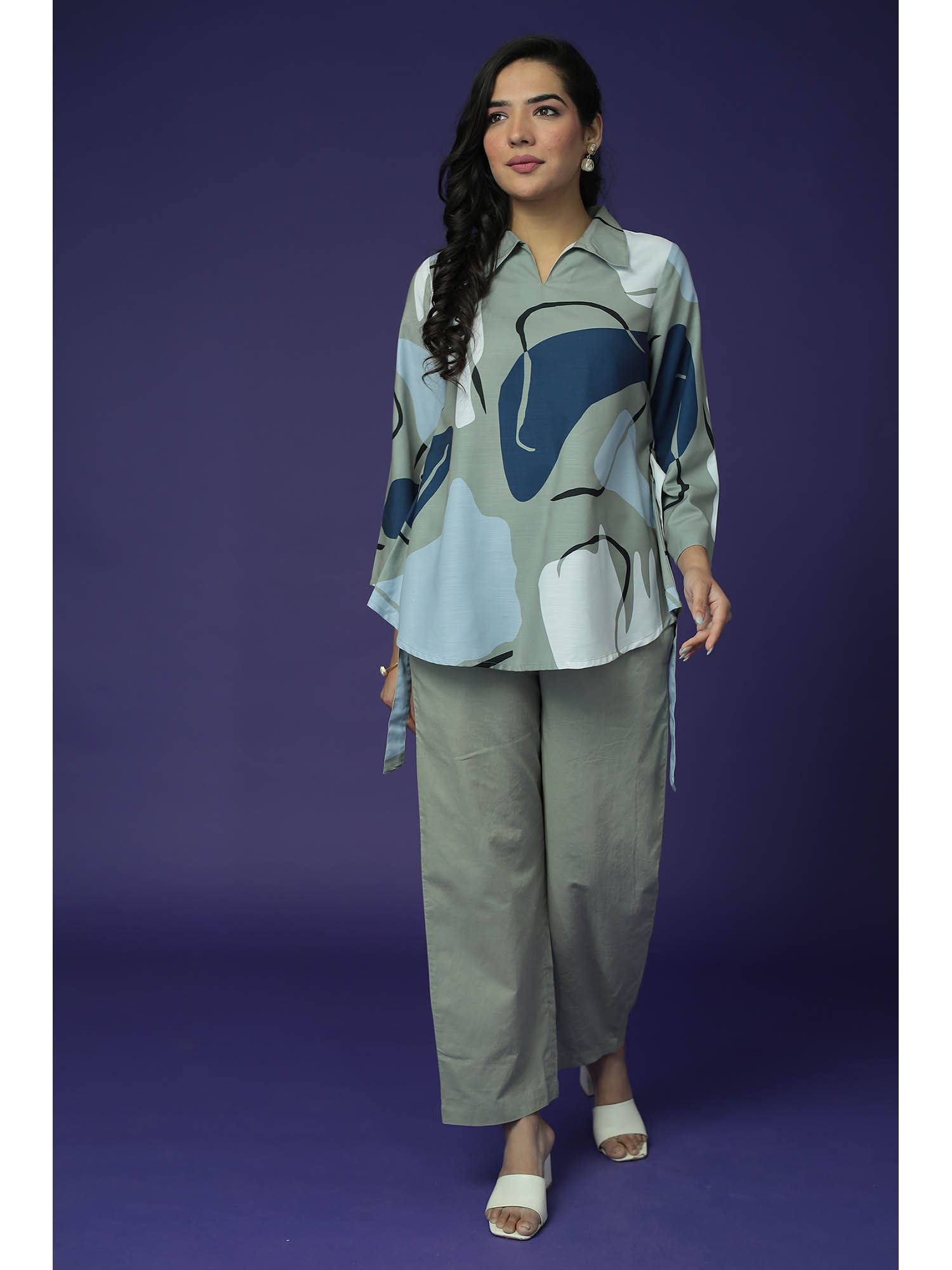 Zari Jaipur Womens Grey Print Co Ord with Belt (Set of 3)