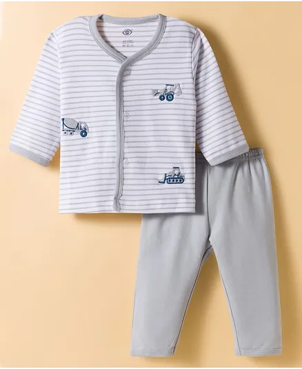 Zero Knitted Construction Vehicles Embroidered Front Open Striped T-Shirt & Solid Lounge Pant Set - Silver