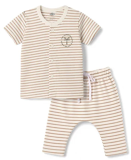 Zero Knitted Half Sleeves T-Shirt & Pyjama Striped Co-Ord Night Suit - Grey