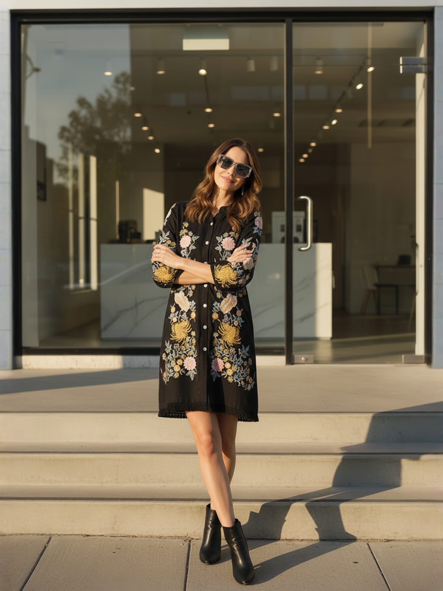 ZUMMER Black Rayon Floral Embroidered Short Dress